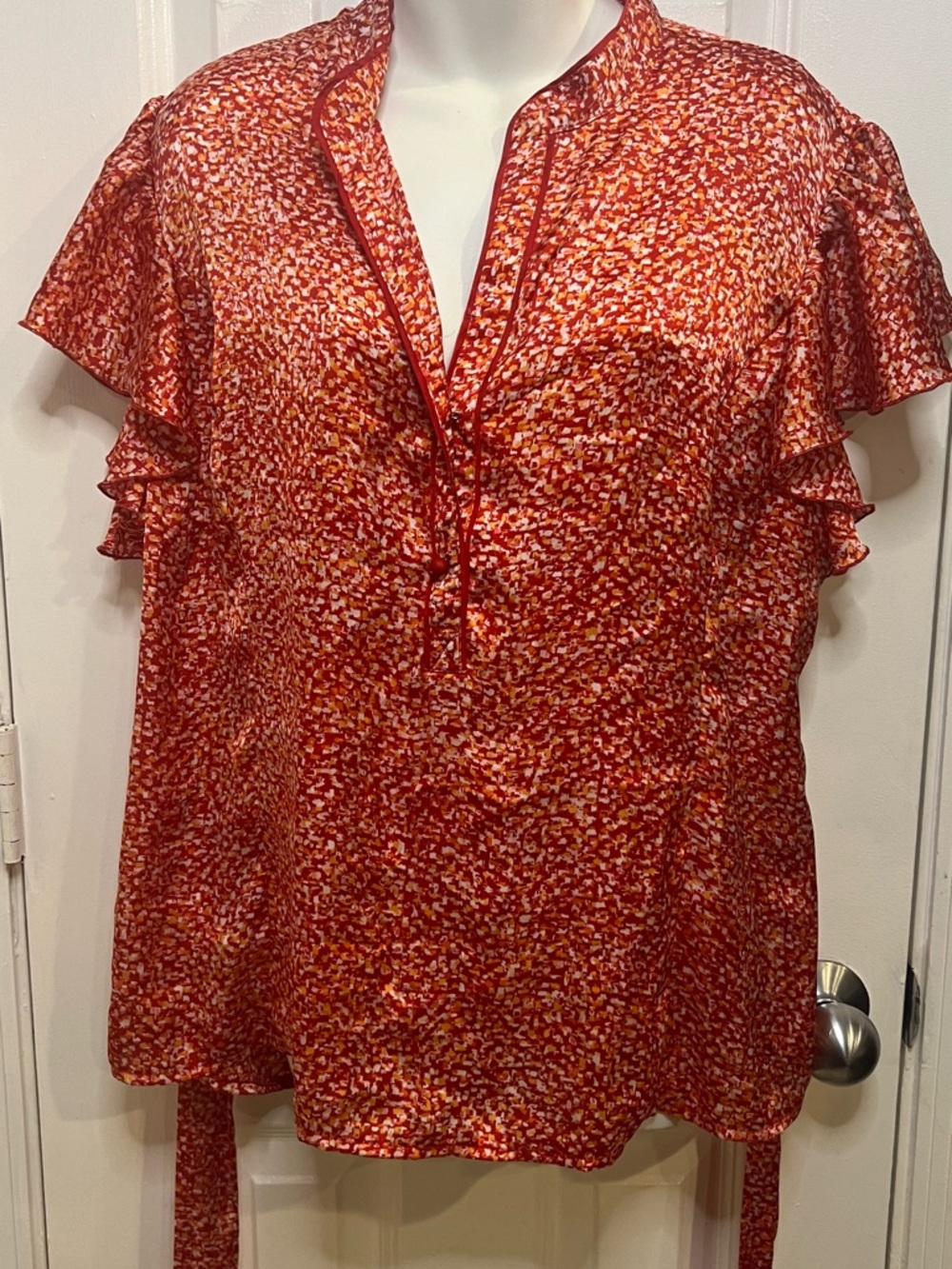 George Red Printed Flutter Sleeve Blouse